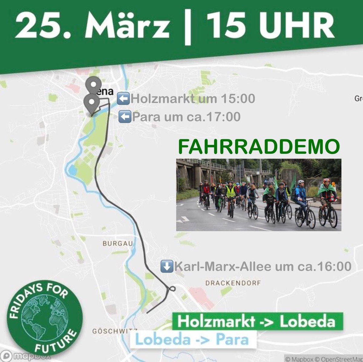 Kommt heute zum Globalen Klimastreik! In #Jena rufen wir um 15:00 zum Holzmarkt auf. Von dort geht‘s mit dem Rad 🚲nach Lobeda und wieder zurück in den Paradiespark zur Abschlusskundgebung. #2503 #climatestrike <a href="/JenaerTweets/">Jenaer Tweets</a>
