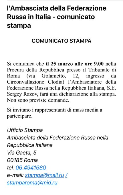 sabatiniam's tweet photo. Ambasciatore della Federazione Russa in Italia #sergeyrazov convoca la stampa. Non sono previste domande. Indossare la cravatta ... https://t.co/h4hk8Wut8C