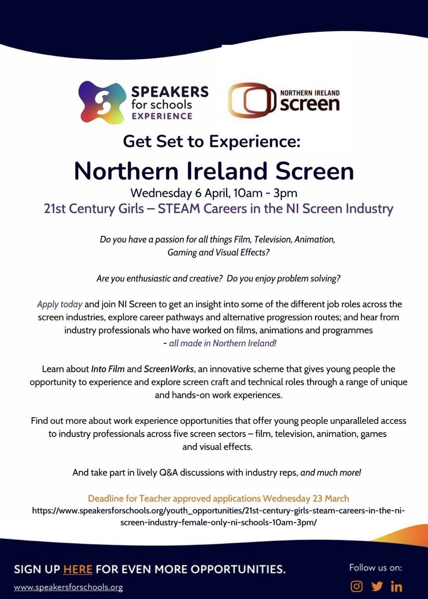 LismoreICT's tweet photo. A great opportunity for some of our girls who may be interested in film, gaming and virtual reality. #BeInformed @LismoreCareers @LismoreMaths @lismorenumeracy @KS3Lismore @lismorecomp https://t.co/Dprczo4iJA