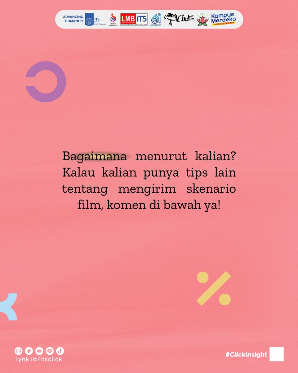 ITS_CLICK's tweet photo. Kali ini kita mau bahas Tips Mengirim Skenario Film! Yuk simak postingan diatas ini! 
Jangan lupa di swipe left ya!! . 
See you di konten INSIGHT BY CLICK selanjutnya!
#ClickITS #KabinetAruna #ActionRek #KomunitasFilm #KomunitasFilmSurabaya #KomunitasFilmIndonesia #FunFactbyClick https://t.co/eS4prEB1j7