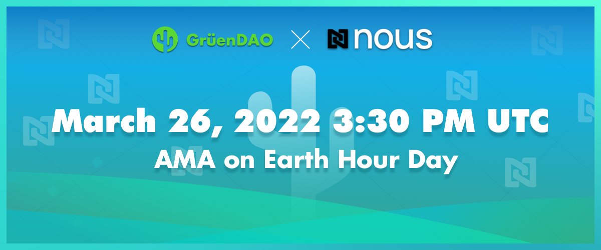 GruenDao's tweet photo. Excited to announce that our first joint AMA with @nousfund is happening at 3:30 pm UTC on the #earthhourday! Be sure to set the alarm and join us with your amazing qustions!

🌵https://t.co/b9Ckt39YV9🌵

#DeFiProject #carbon #Blockchain #Sustainability #Web3 #Onchain #Metaverse https://t.co/yBqoIpXvQp