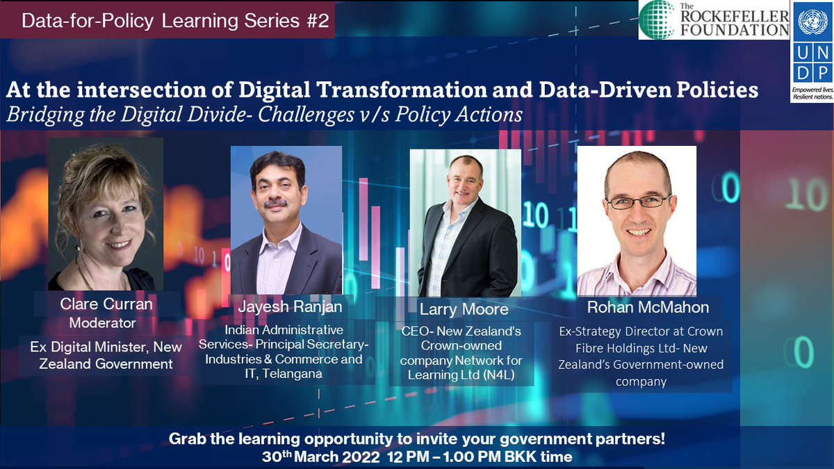 UNDP_InnoAP's tweet photo. Thanks for making our 1st #Data4Policy Learning Session popular! We are back with the 2nd!Join @citizencurran @jayesh_ranjan #LarryMoore #RohanMcMahon share their policy learnings on 'Bridging the digital divide' on 30th March 12 PM BKK. Register here: https://t.co/LIr96DPceT https://t.co/ie8eyIy6gB