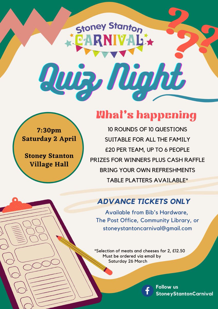 Stanton Carnival (@stantoncarnival) on Twitter photo Last few tables available for the quiz, don’t miss out, bring your own drinks, table platters available to order. <a href="/StoneyStanton/">SS Parish Council</a> <a href="/ManorfieldPTFA/">Manorfield CoE PTFA</a> <a href="/stoneystantoncl/">Stoney Stanton Community Library</a> <a href="/fosse107/">Fosse 107</a> <a href="/hinckandbos_bc/">Hinckley & Bosworth BC</a> <a href="/HinckleyRugbyBS/">Hinckley and Rugby Building Society</a> <a href="/RoundaboutVil/">Roundabout the Villages</a> <a href="/RoundaboutHinck/">Roundabout Hinckley</a> #stoneystantoncarnival Last few tables available for the quiz, don’t miss out, bring your own drinks, table platters available to order. <a href="/StoneyStanton/">SS Parish Council</a> <a href="/ManorfieldPTFA/">Manorfield CoE PTFA</a> <a href="/stoneystantoncl/">Stoney Stanton Community Library</a> <a href="/fosse107/">Fosse 107</a> <a href="/hinckandbos_bc/">Hinckley & Bosworth BC</a> <a href="/HinckleyRugbyBS/">Hinckley and Rugby Building Society</a> <a href="/RoundaboutVil/">Roundabout the Villages</a> <a href="/RoundaboutHinck/">Roundabout Hinckley</a> #stoneystantoncarnival