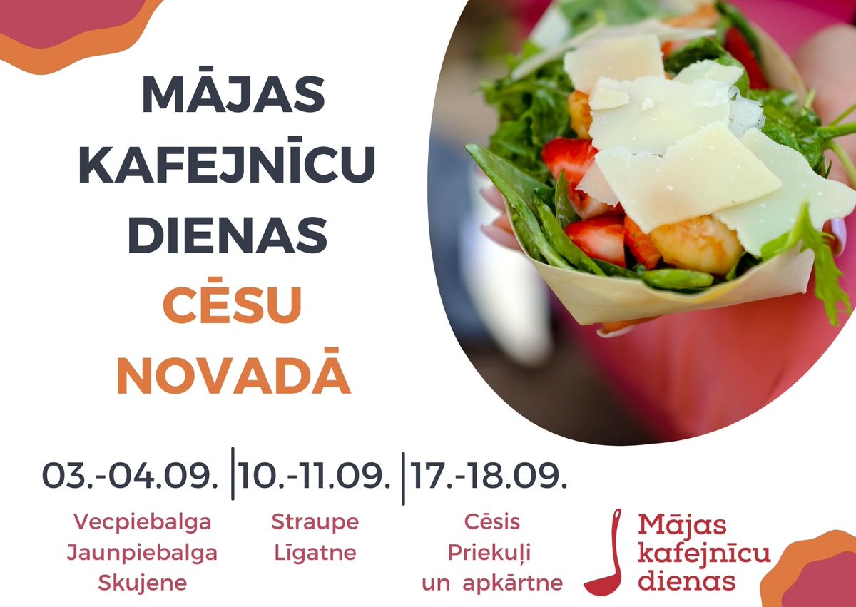 VisitCesis's tweet photo. Arī šogad Cēsu novadā notiks Māju kafejnīcu dienas! 🥳Viens no gardākajiem un viesmīlīgākajiem notikumiem gaidāms septembra trīs nedēļas nogalēs dažādās Cēsu novada vietās. Ja apsver domu piedalīties vai baudīt citu gatavoto, vairāk lasi 👉https://t.co/iNIrpQuTy7 https://t.co/OGiKXnLHwH