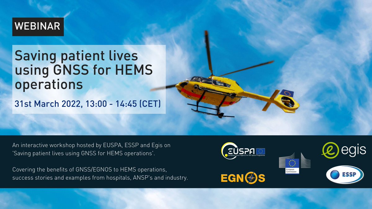 ESSPSAS's tweet photo. 📢#WEBINAR📢
Don't miss out the interactive workshop Saving patient lives usting #GNSS for #HEMS operations hosted by @EU4Space, @egis and ESSP.
Discover the importance of #EUSpace for the Health sector!
🗓️31 March
🕐13h CET
👉https://t.co/tEr3EOonjC
#EGNSS #FlyEGNOS https://t.co/mPkl6JWRK9