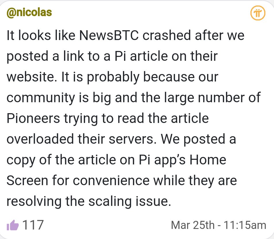 #PiNetwork community is trying to read the #NewsBTC article that featured the progress of development of #PiNetwork which crashed just hours after PCT posted the link in Pi App homescreen. 

The power of 33 + million pioneers around the globe.

<a href="/swarooppoudel/">Swaroop Poudel 🐾</a>
<a href="/Pinewszone/">PiNewsZone</a>