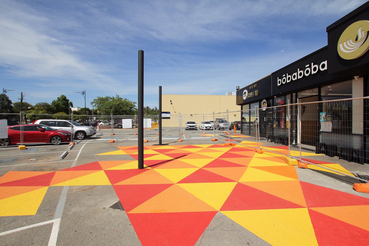 On site near Banh Mi, Bobaboba + King Hot Pot checking out stage 1 progress on the Morley Public Space project we’ve been co-designing with the <a href="/cityofbayswater/">City of Bayswater</a> + adjacent business owners. Triangular seating, table + planters still to come thanks to <a href="/RACWA/">RAC WA</a> Reconnect WA funding