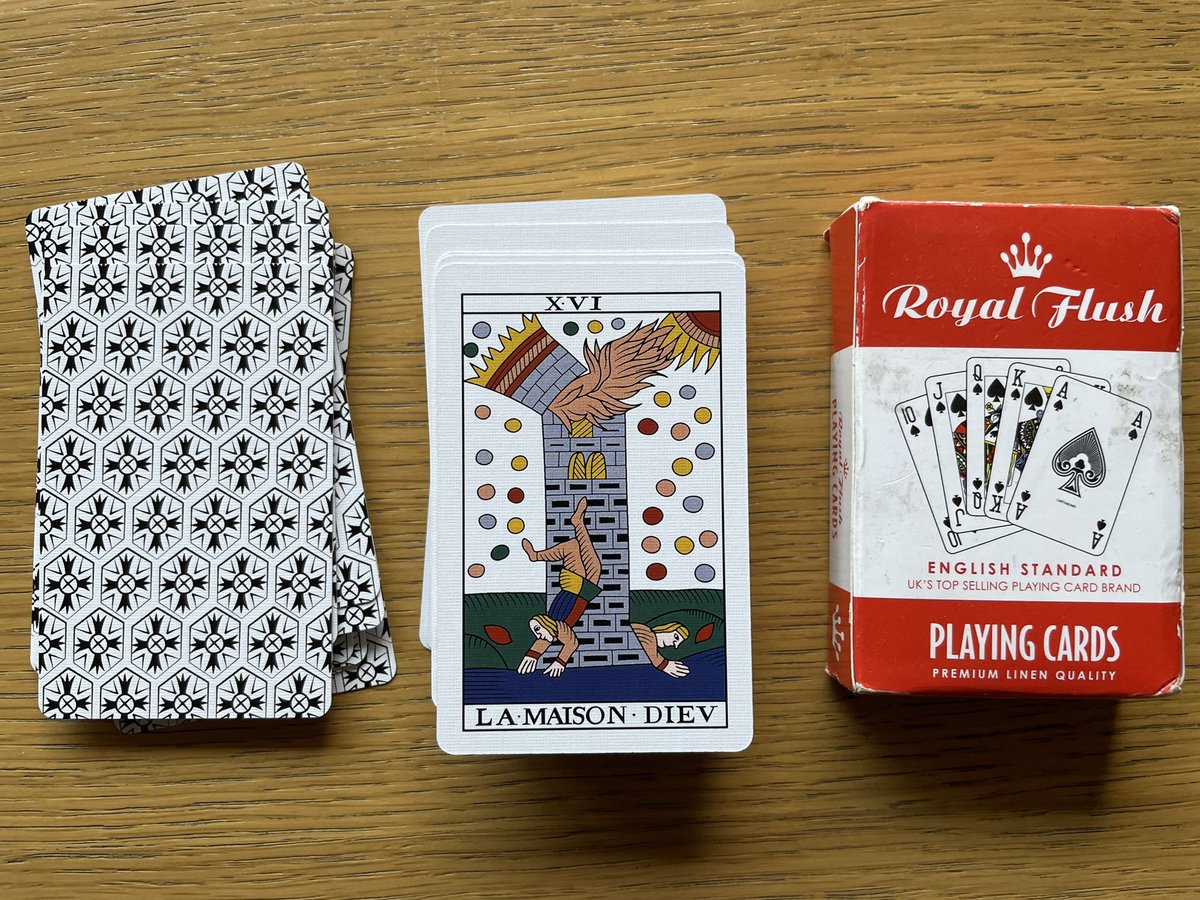 djp1974's tweet photo. A few of my new #ArtisanTarot #Noblet #TarotdeMarseille trumps (with standard playing card deck for comparison)—the colors don’t pop like in other versions (Flornoy esp) and they have less ‘grandeur’ but I feel that will make them more of a workaday deck: https://t.co/z8cYtr0htd