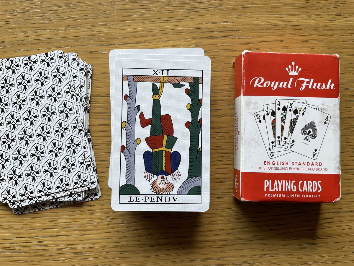 djp1974's tweet photo. A few of my new #ArtisanTarot #Noblet #TarotdeMarseille trumps (with standard playing card deck for comparison)—the colors don’t pop like in other versions (Flornoy esp) and they have less ‘grandeur’ but I feel that will make them more of a workaday deck: https://t.co/z8cYtr0htd