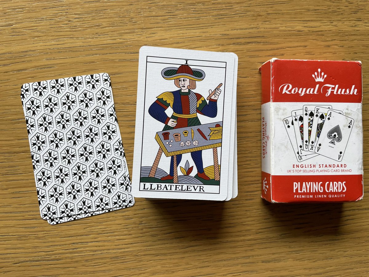 djp1974's tweet photo. A few of my new #ArtisanTarot #Noblet #TarotdeMarseille trumps (with standard playing card deck for comparison)—the colors don’t pop like in other versions (Flornoy esp) and they have less ‘grandeur’ but I feel that will make them more of a workaday deck: https://t.co/z8cYtr0htd