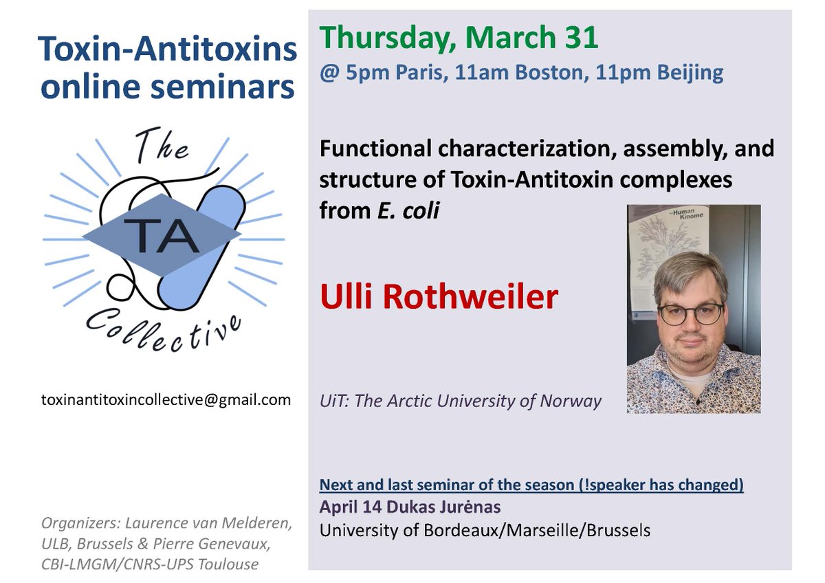 CollectiveTa's tweet photo. TA Collective goes North!
Thursday, March 31 @ 5pm Paris, 11am Boston, 11pm Beijing

Ulli Rothweiler, UiT: The Arctic University of Norway
@UiTNorgesarktis 

Functional characterization, assembly, and structure of Toxin-Antitoxin complexes from E. coli https://t.co/uMFc0DZ2NL