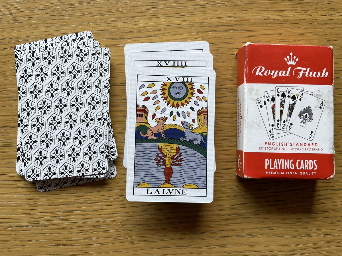 djp1974's tweet photo. A few more of my new #ArtisanTarot #Noblet #TarotdeMarseille trumps and a few pip aces (with standard playing card deck for comparison): https://t.co/MHtNcyusM1