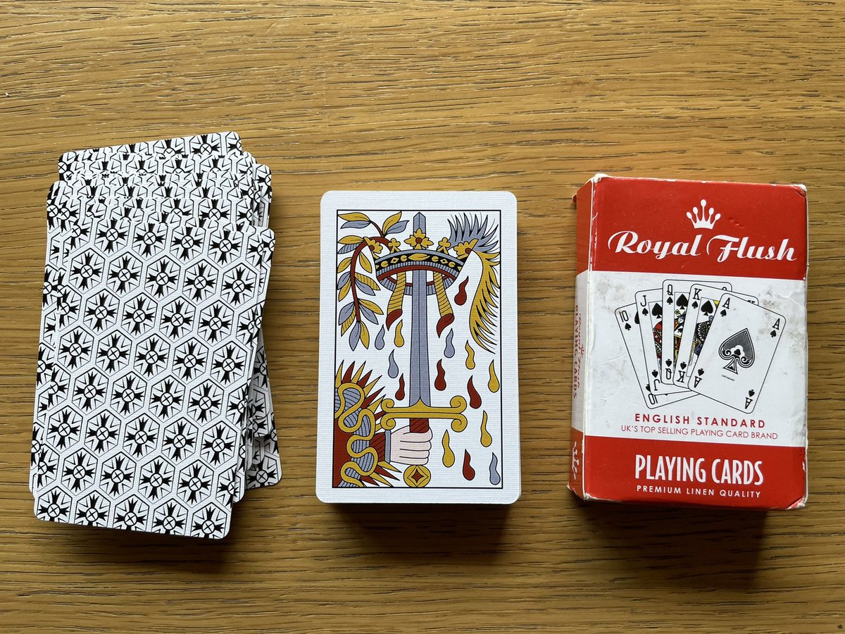 djp1974's tweet photo. A few more of my new #ArtisanTarot #Noblet #TarotdeMarseille trumps and a few pip aces (with standard playing card deck for comparison): https://t.co/MHtNcyusM1