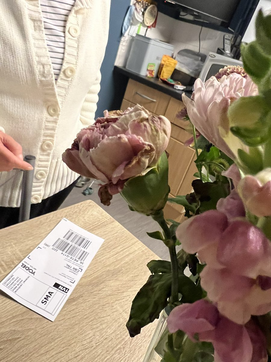 pinkbabi's tweet photo. So these are the flowers #scs sent my mum for saying sorry for their foul language in front of her, dead flowers sent from @marksandspencer https://t.co/rLKdqz1KON