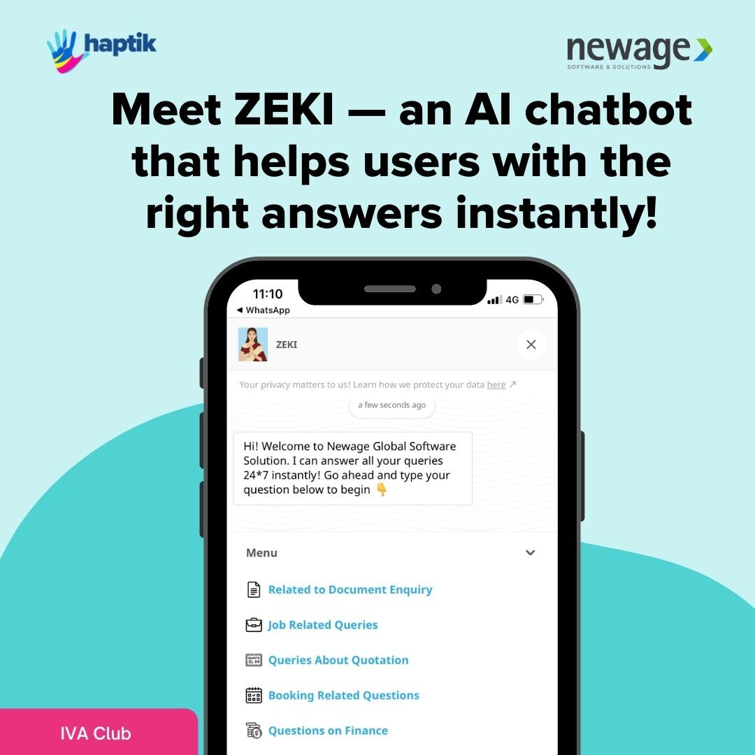 haptik's tweet photo. #NewBotAlert
๐ฅ@newage_global collaborated with Haptik to build ZEKI. An IVA designed to assist users in finding the right answers at the right time, thereby increasing query resolution and end-user experience.
#CollaborationAlert #userexperience https://t.co/L1pMIrzWq5