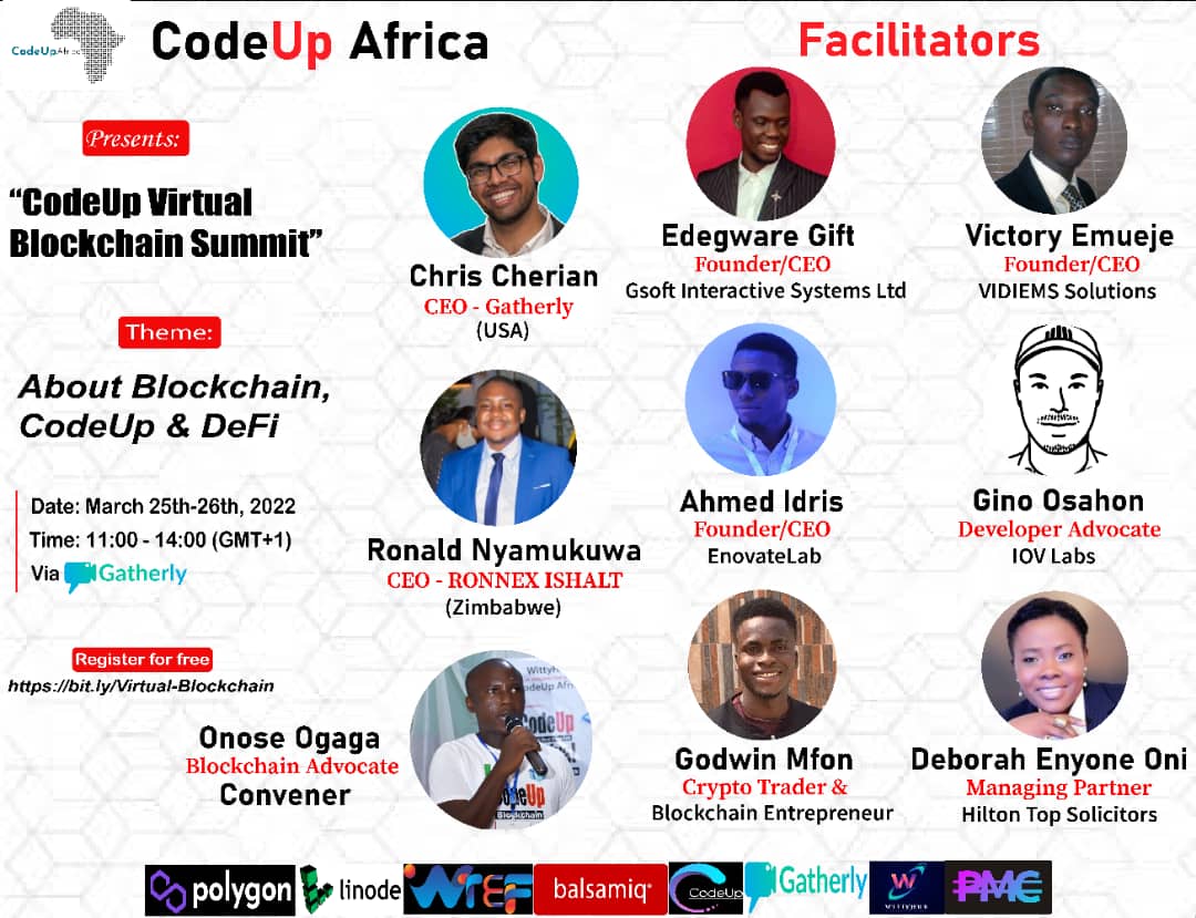CodeUpAfrica's tweet photo. CodeUp Virtual Blockchain Summit kicks off in less than 2 hours (11am GMT+1) you can participate via the link https://t.co/HoObwAqeXY please let us retweet. Thanks. @linode @balsamiq @WittyFoundation @OGA4SKY @GitLabNG @gdg_warri @0xPolygon @gatherlyio @chrischerian @50cent @Akon https://t.co/1W1SVboLfs