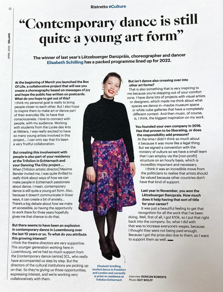 ElisaSchilling's tweet photo. Thank you so much @DelanoMagazine for featuring me in your April magazine!
Lovely to be interviewed by Duncan Roberts & chat about my #BoxofLife project with @LesTheatresVDL & LAM, my residency #DancingtheCity at Trifolion Echternach, the Danzpräis, collaboration & audiences 😊 https://t.co/THR1x9vfpd