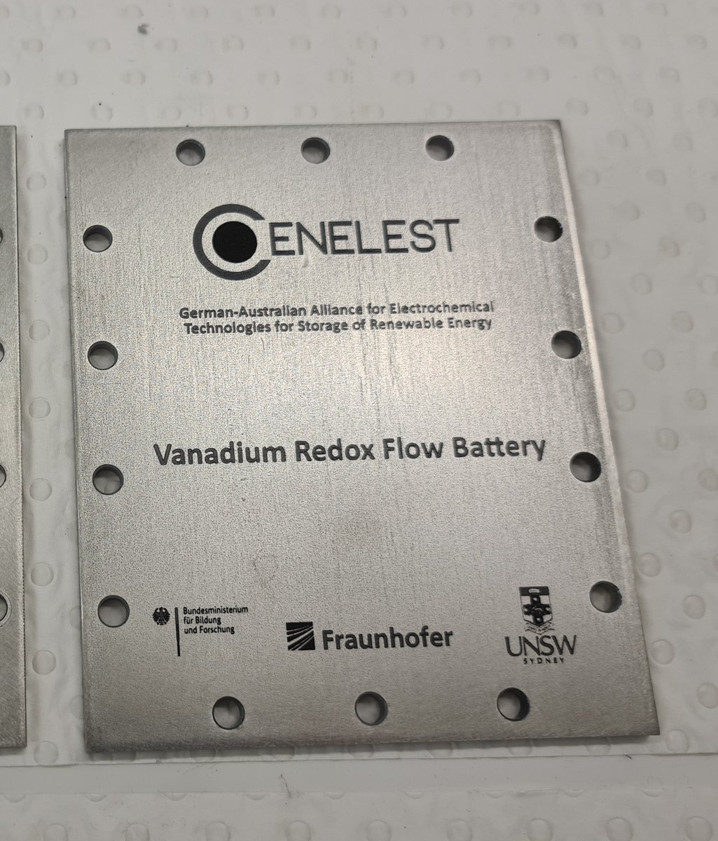 IngJensNoack's tweet photo. We made some laser printing of a stainless steel flow battery end plate for a fair today at UNSW. https://t.co/sNkxMQkBwo