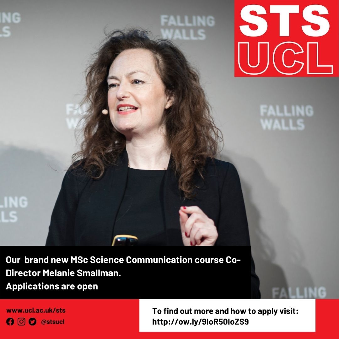 stsucl's tweet photo. Introducing our new MSc Science Communication course Co-Director Melanie Smallman.
To learn more about our team and how to apply:
https://t.co/PMsAc7kbDi
#scicomm #scienceinfluencers #globalscicomm #sciencecommunication #STS #MSc https://t.co/HEicU0xs8n