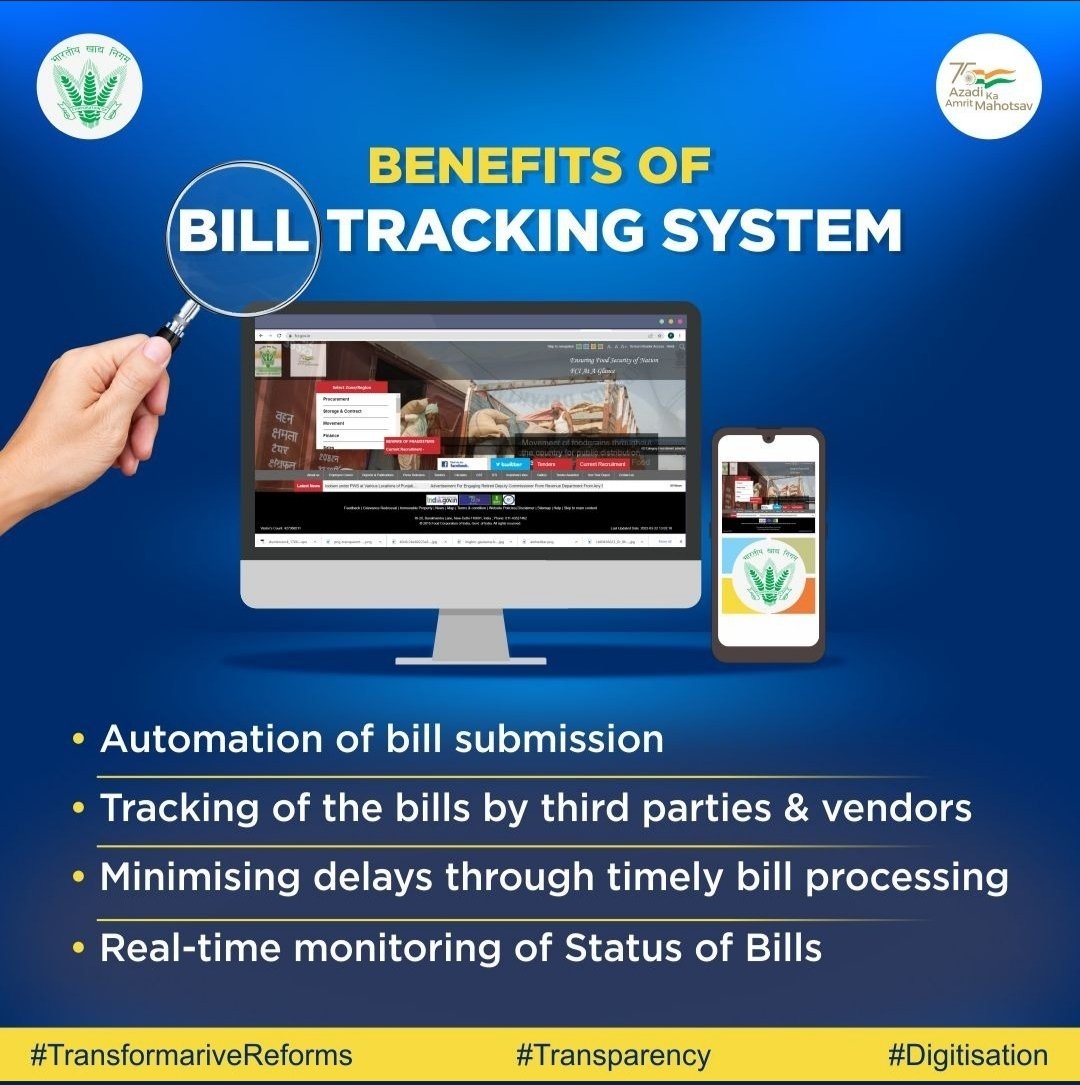 FCI_NorthZone's tweet photo. Bill Tracking System is among various #transformativereforms adopted by #FCI improve transperancy and digitisation by automation of bill submission,real time monitoring of bills by third party besides minimizing delay.
#AmritMahotsav
@AmritMahotsav
@FCI_India
@fooddeptgoi https://t.co/6LWc9l2JQ6