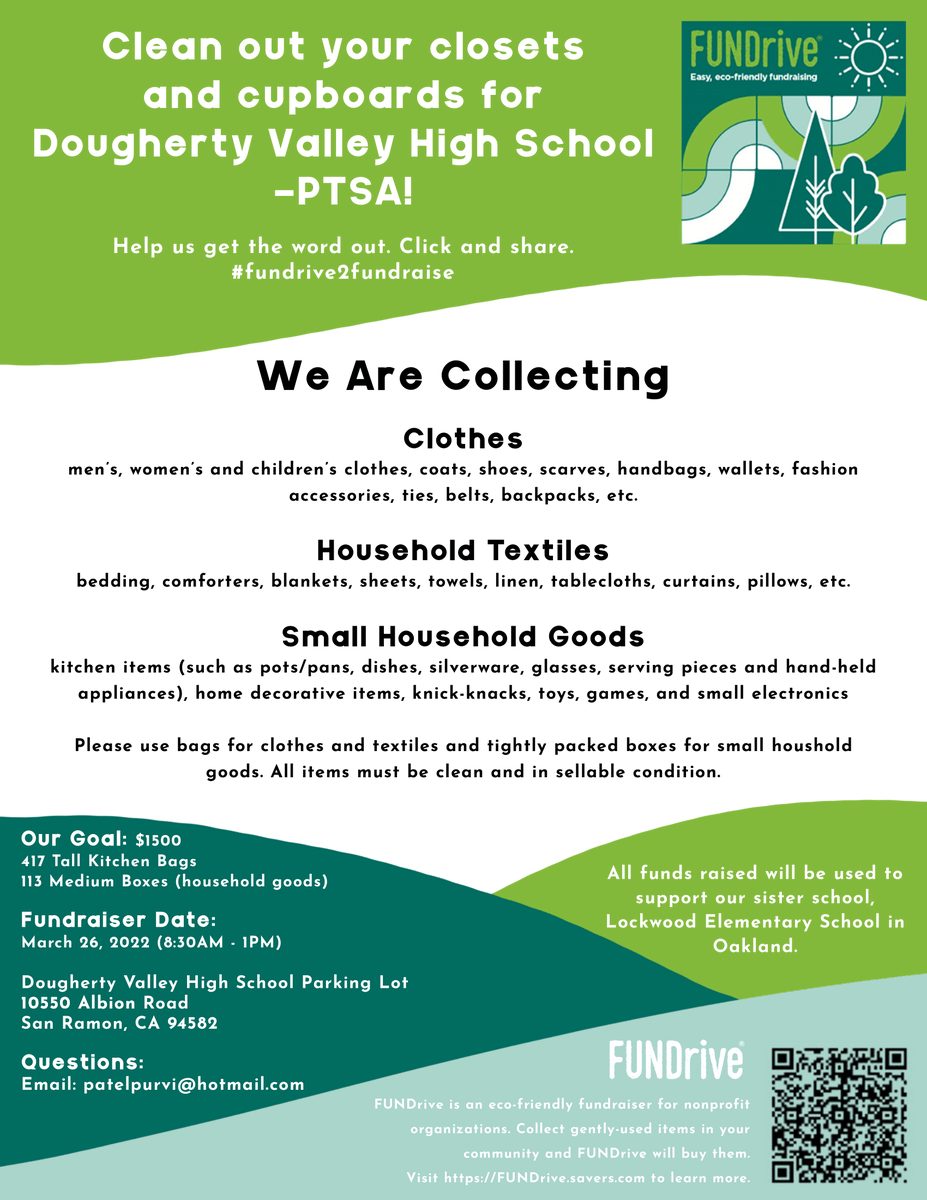 DVHS Clothing &amp; Household Goods Drive!! Happening this Saturday from 8:30am to 1pm in the DVHS Parking Lot.