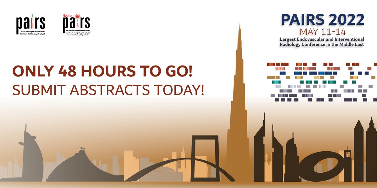 PairsNeuro's tweet photo. ⏲️There's only 48 HOURS left to submit your abstracts for #PAIRSNEURO!
Don't miss your chance to be featured in The Arab Journal of Interventional Radiology
Submit yours today:
🖱️https://t.co/zyBPM9EYim
🗓️March 27, 2022 (18:00 Dubai time +4 GMT).
#NEUROINTERVENTIONS #PAIRS2022 https://t.co/0NdLiQeIIU
