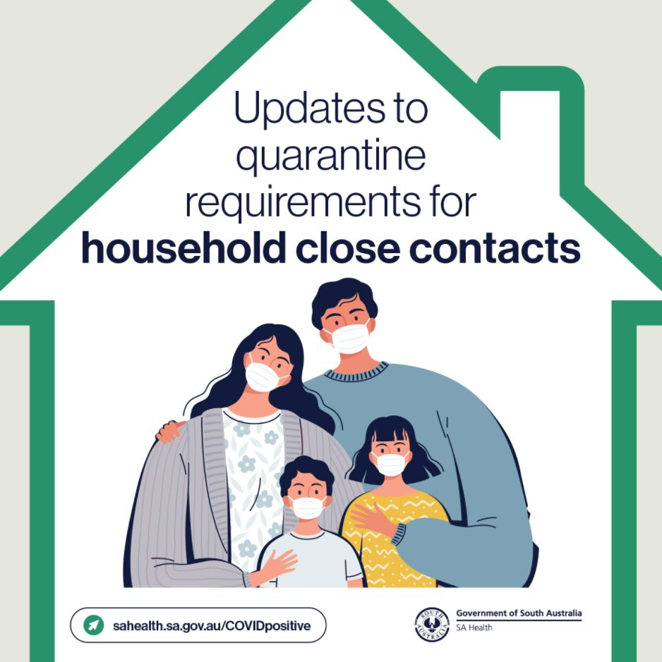 SAHealth's tweet photo. Household contacts of a positive case now only need to quarantine for 7 days https://t.co/xAJYSk8rDR https://t.co/w2GbUaqDcH