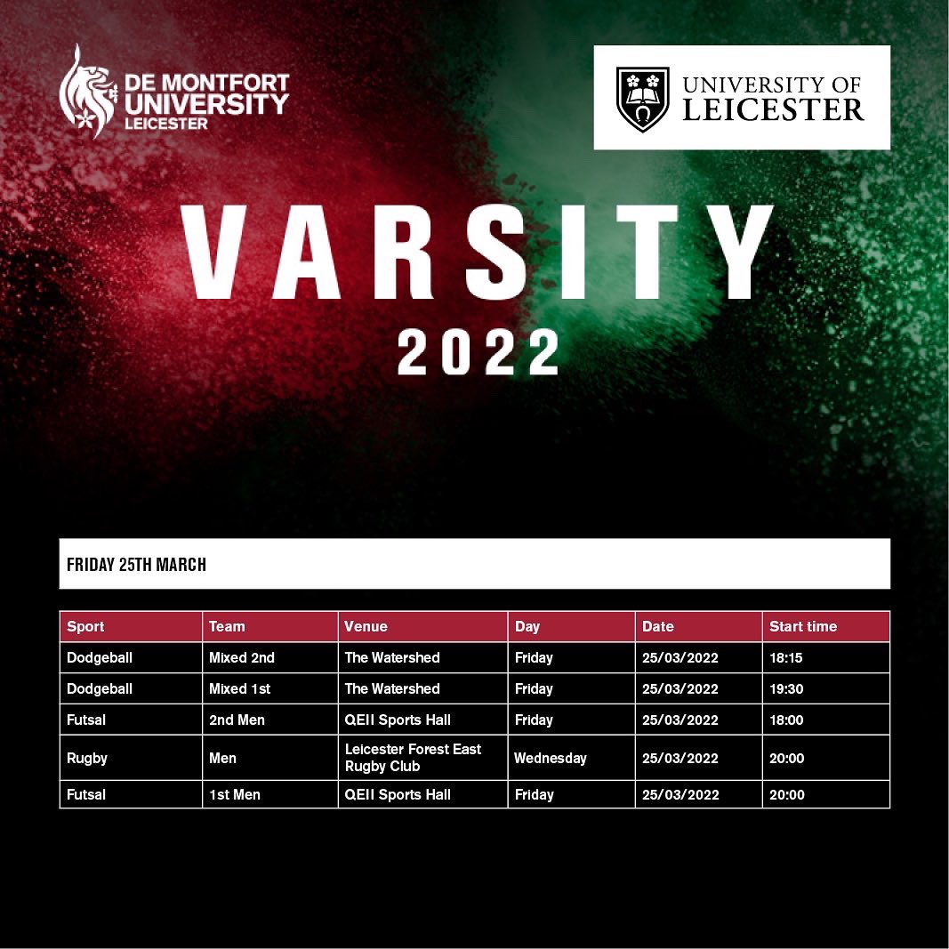 University of Leicester Sport and Active Life (@uol_sport) on Twitter photo Varsity Fixtures - Day 4️⃣ | Our Team Leicester clubs ready to battle tonight are..
▫️ <a href="/UoL_Futsal/">UoL Futsal</a> 1st and 2nd teams ⚽️
▫️Two Mixed <a href="/UoL_Dodgeball/">UoL Dodgeball</a> sides 🤾
▫️<a href="/uolrfc/">Uni of Leicester Men’s RUFC</a> under the ‘Friday Night Lights’ 🏉
Good Luck to everyone involved 🤞
#Varsity2022 #OneCityTwoTeams #FearLeics Varsity Fixtures - Day 4️⃣ | Our Team Leicester clubs ready to battle tonight are..
▫️ <a href="/UoL_Futsal/">UoL Futsal</a> 1st and 2nd teams ⚽️
▫️Two Mixed <a href="/UoL_Dodgeball/">UoL Dodgeball</a> sides 🤾
▫️<a href="/uolrfc/">Uni of Leicester Men’s RUFC</a> under the ‘Friday Night Lights’ 🏉
Good Luck to everyone involved 🤞
#Varsity2022 #OneCityTwoTeams #FearLeics