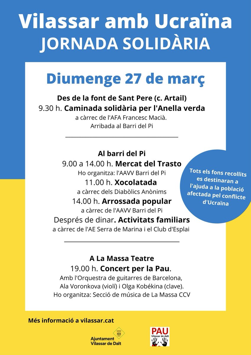 🇺🇦 Diumenge, Jornada solidària amb Ucraïna amb activitats durant tot el dia al Barri del Pi i a <a href="/lamassateatre/">La Massa Teatre</a> 👇

vilassar.cat/actualitat/age…