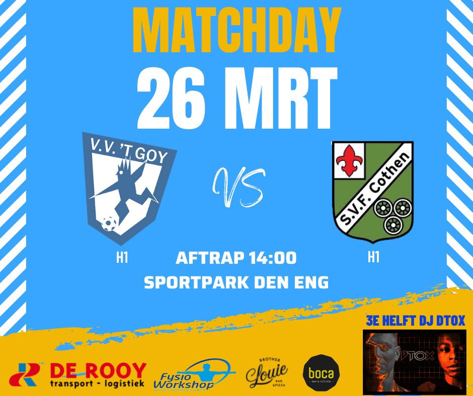 vvtgoy's tweet photo. Derby Time onze Goy H1 speelt zaterdag thuis tegen SVF Cothen H1.
Met een muzikale 3e helft gaan we er een mooie ⚽️ zaterdag van maken 😎
.
@SVF_Cothen https://t.co/ZgdUkaKHoP