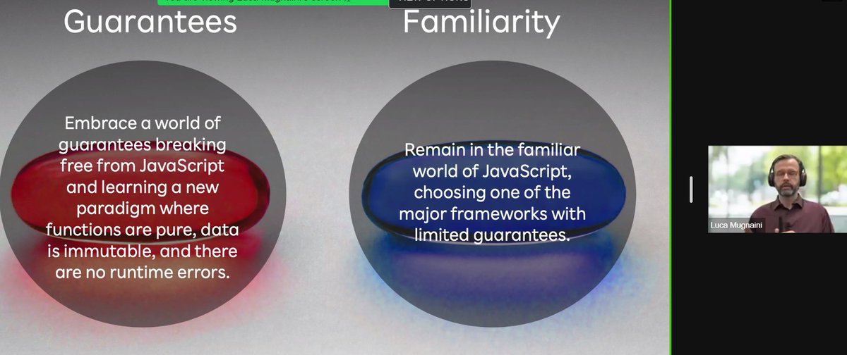 sendhil_csat's tweet photo. Guarantees of Elm vs Familiarity of JS. A huge predicament for building the frontend for @luca_mug  @Rakuten #FnConf @FnConf 
@elmlang https://t.co/BJLO104wS4