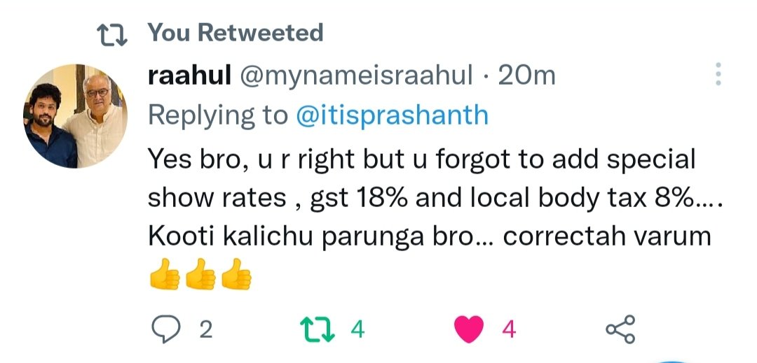 Ak63001950's tweet photo. Today early morning distributer Rahul replied to @itisprashanth about #Valimai opening day collection but he had deleted the tweet after sometime may be he is not interested in any fan war I think
#Valimai #AjithKumar #Ak61 
@enigma_timorous @KeralaAjithFc https://t.co/OYsYwXWYxR