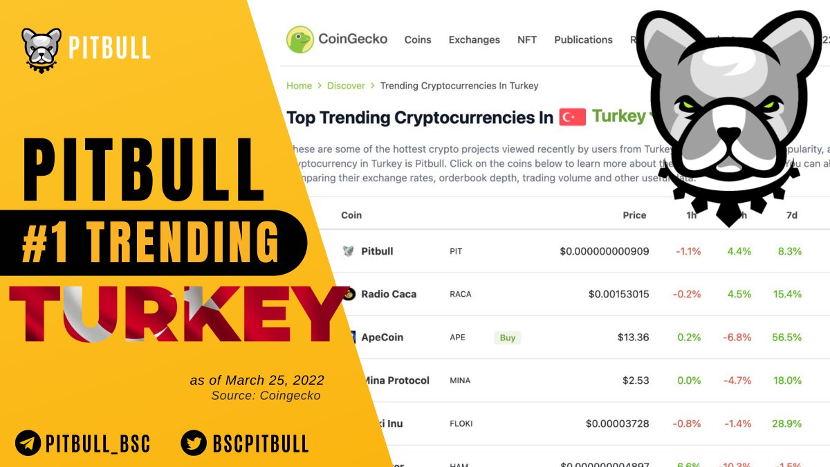 memewhales's tweet photo. #Pitbull Token is the #1 Trending #cryptocurrency right now in #Turkey!
#2 is @RacaToken and #3 is @apecoin !
Probably nothing.
#Pitbullish #PitChart #PIT #PitArmy @BscPitbull_TR @BscPitbull @cz_binance @BinanceTR @Eljaboom @mishalederman https://t.co/vDT2tgHJAR