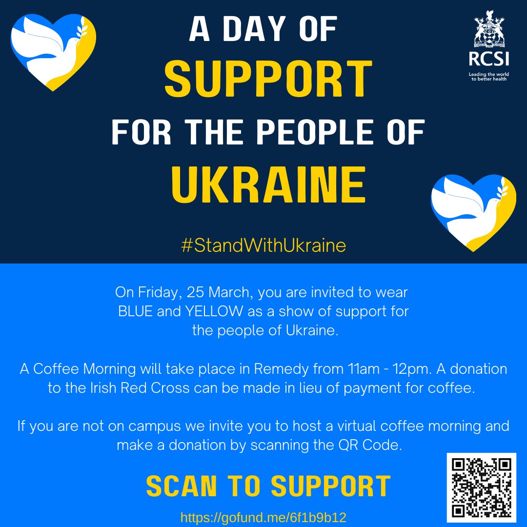 RCSI (@rcsi_irl) on Twitter photo Today is our Day of Support for the people of Ukraine.
Staff and students are invited to show their solidarity with those affected by the war. Join us from 11am. 🇺🇦
gofund.me/6f1b9b12
#StandWithUkraine <a href="/irishredcross/">Irish Red Cross</a> Today is our Day of Support for the people of Ukraine.
Staff and students are invited to show their solidarity with those affected by the war. Join us from 11am. 🇺🇦
gofund.me/6f1b9b12
#StandWithUkraine <a href="/irishredcross/">Irish Red Cross</a>