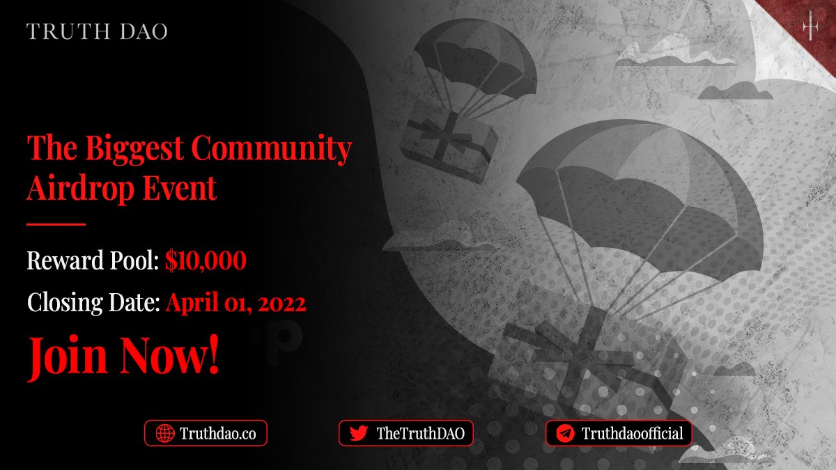 🪂 #TheTruthDAO's #Airdrop Campaign 🪂

🏆 10,000$ worth of TRUTH 🏆

1️⃣ Do 5 tasks
2️⃣ Get $4 worth of TRUTH
3️⃣ Refer more to earn more 

🚀 Airdrop Link: t.me/TheTruthDAOAir…
🗒 Rules: reddit.com/r/TheTruthDAO/…