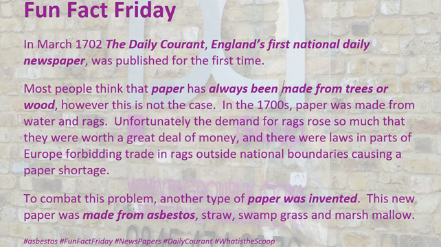 PAGroupUK's tweet photo. #asbestos #FunFactFriday #Newspapers #DailyCourant #whatsthescoop https://t.co/bBd4JiuZps