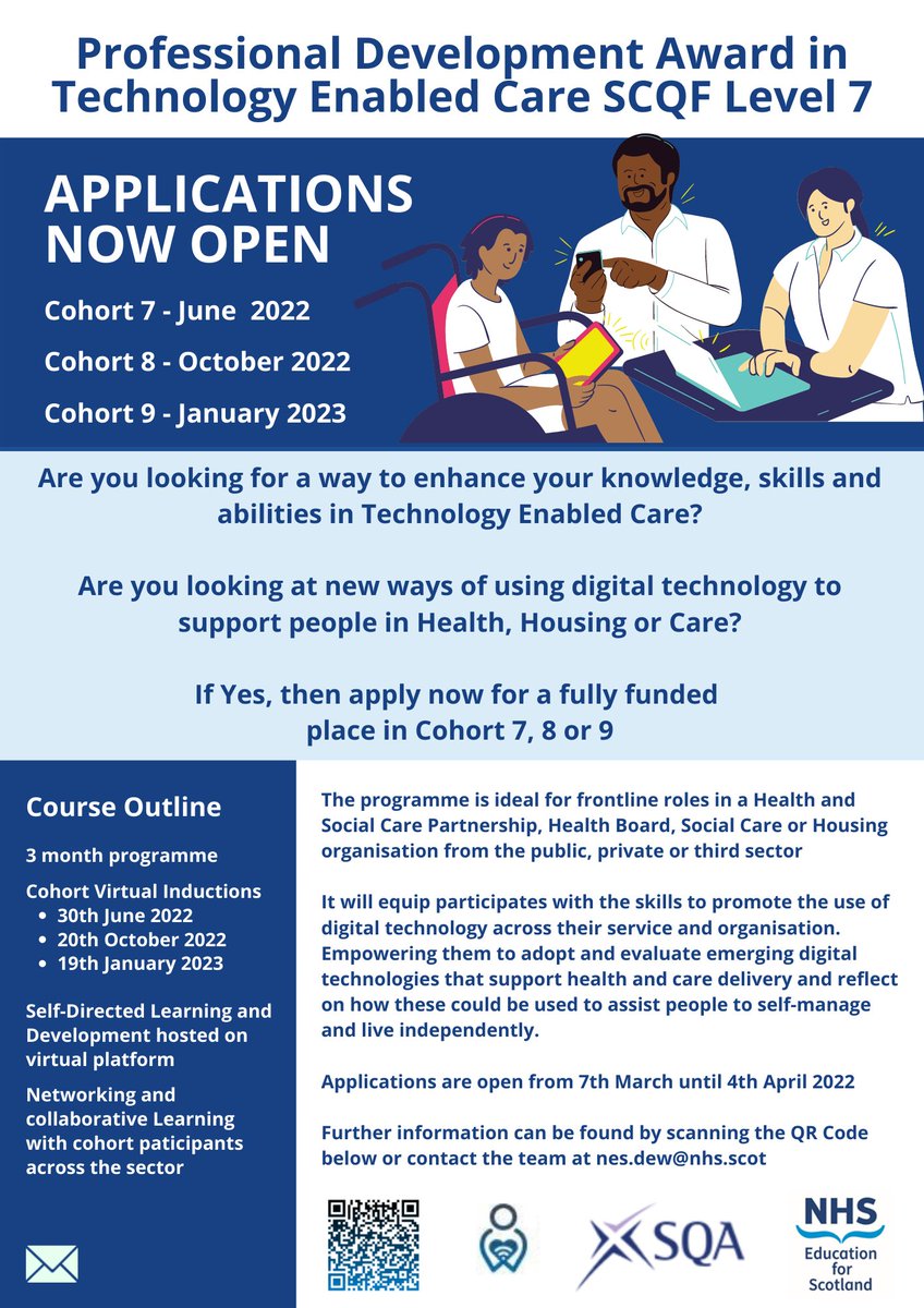 DHCScot's tweet photo. Are you looking for a way to enhance your knowledge, skills and abilities in Technology Enabled Care?

@NHS_Education has opened applications for a three month programme where you can achieve a PDA in Technology Enabled Care!

Deadline: April 4.

Info: https://t.co/OGCXBSvv6O https://t.co/SJxQTKTh6Q