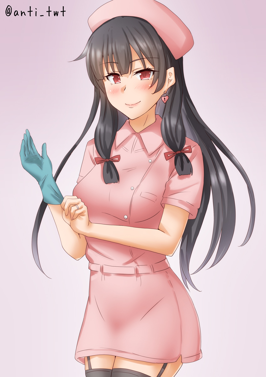 isokaze (kancolle) 1girl black hair nurse solo gloves nurse cap long hair  illustration images