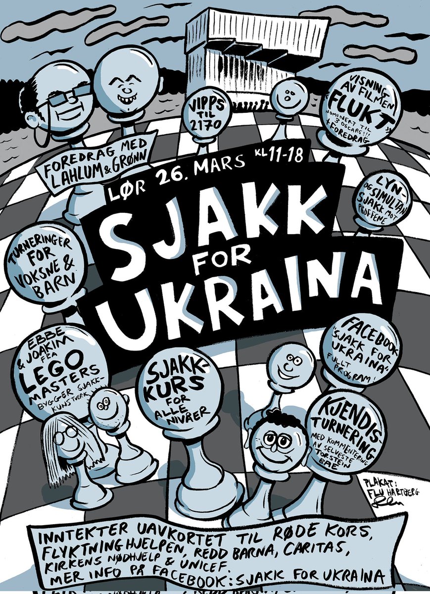 I MORGEN SKJER DET: Sjakk for Ukraina på @deichman_oslo!

Det blir turneringer for voksne og barn, kjendisturnering, foredrag, filmvisning av filmen "Flukt"  – og mer!

Alle inntekter går til hjelpearbeid i og rundt #Ukraina.

Bli med: facebook.com/events/s/sjakk…