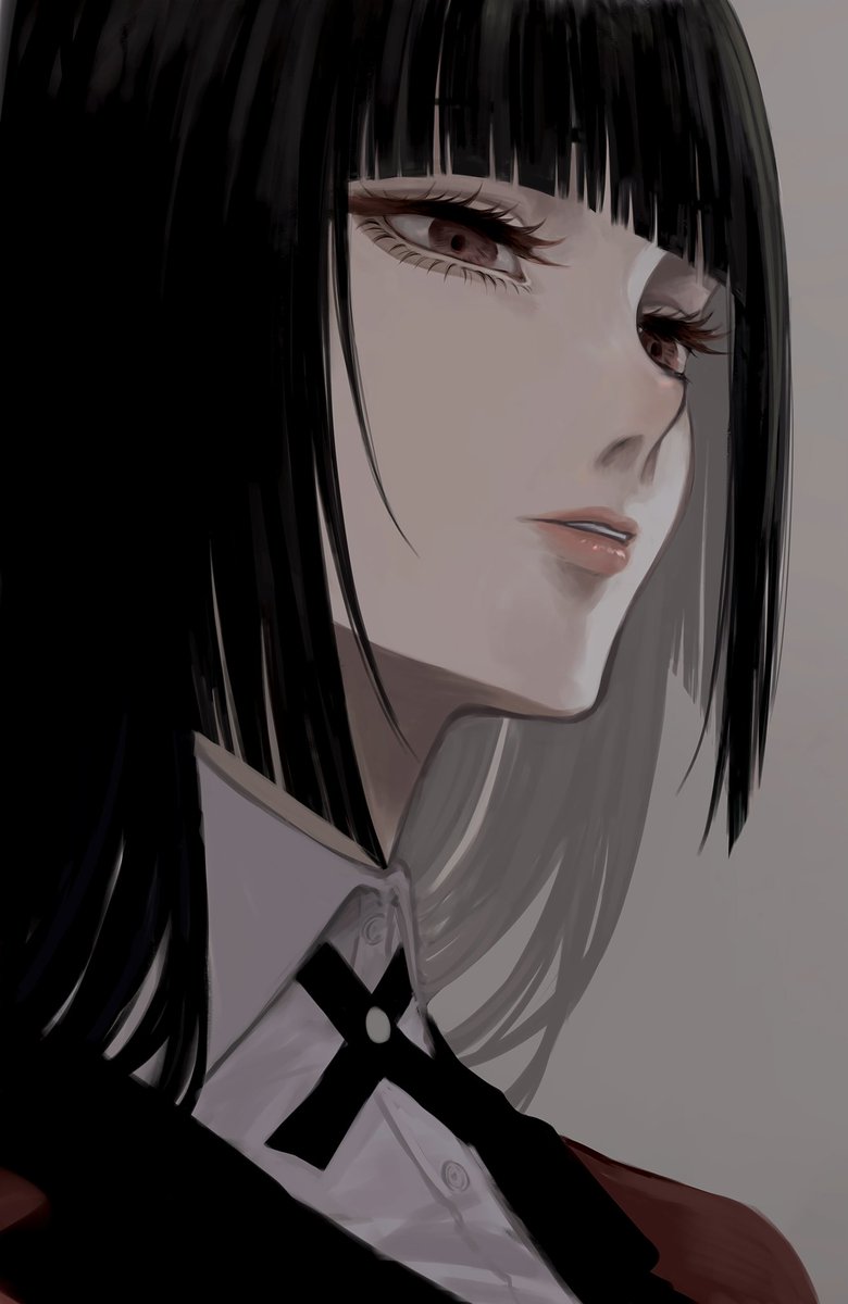 1girl solo black hair bangs shirt school uniform long hair  illustration images