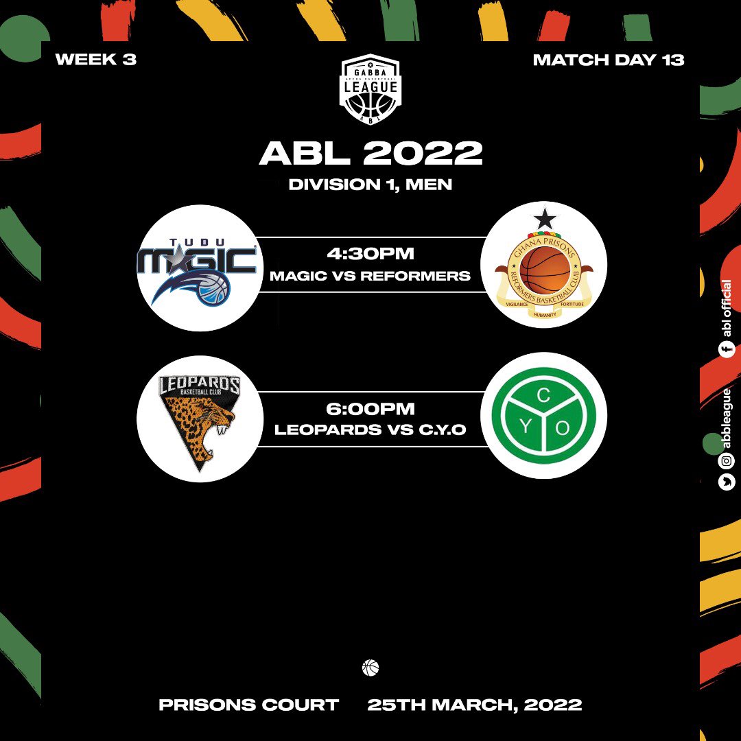 Abbleague's tweet photo. FIXTURES
25.03.2022
DIVISION 1, WOMEN
GAME 31
GALAXY VS UG

DIVISION 1, MEN
GAME 32
MAGIC VS REFORMERS 
GAME 33
LEOPARDS VS C.Y.O
#ABL2022 https://t.co/3Fs0IeeR4K