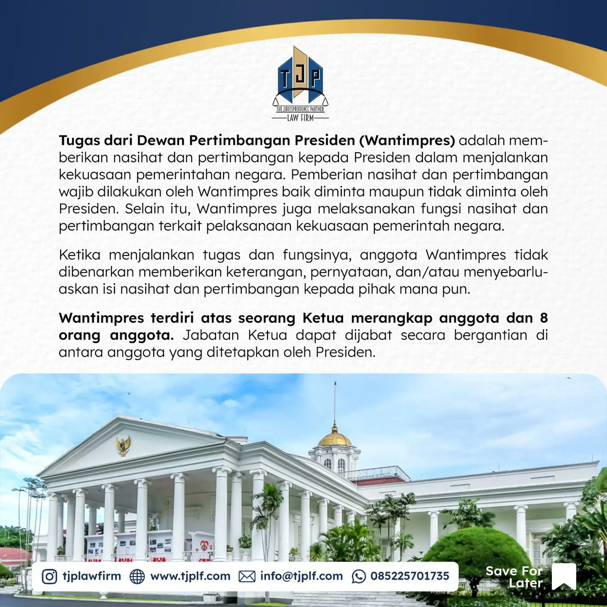 TJPLawFirm's tweet photo. Terdapat beberapa persyaratan yang harus dipenuhi agar dapat diangkat menjadi anggota Wantimpres. Simak ulasannya. 

#advokat #lawyer #pengacara https://t.co/K9CWO6n0C9