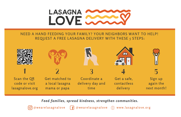 CPSFVT's tweet image. Lasagna Love is a group of local volunteers looking to help families struggling with food insecurity or just dealing with the stress of daily life in this uncertain time. Feel the love, go to lasagnalove.org