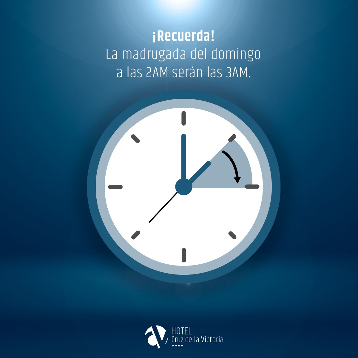 HCruzVictoria's tweet photo. 🚨 Te recordamos que la madrugada del domingo debes adelantar una hora tu reloj ⏱️

Además, tanto el 27 de marzo como el resto del año ofrecemos un servicio de despertador a todos nuestros clientes del #hotel 🏨 https://t.co/ULr971lZKN