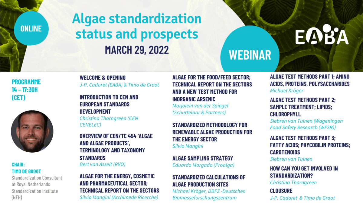 EABA_Algae's tweet photo. Take a look at the final programme and list of speakers of Algae Standardization Status and Prospects webinar. 

Don’t miss this opportunity and join us on March 29th!

Know more and registration here: https://t.co/AIC6Hl5eE3

#algae #microalgae #macroalgae #seaweeds #standarts https://t.co/0XD6T7Yy1K