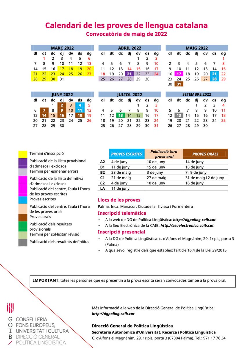 🔺 PROVES LLIURES DE L'EOI- NOMÉS A2 i C1 CATALÀ
my.mtr.cool/blrxsybjkt

🔺 PROVES DE LA DIRECCIÓ GENERAL DE POLÍTICA LINGÜÍSTICA MAIG 2022
TOTS ELS CERTIFICATS: A2, B1, B2, C1, C2 I LA
my.mtr.cool/uwfuicvlqh

<a href="/salAjCapdepera/">SAL ajCapdepera</a>
cita prèvia al 682 34 61 43