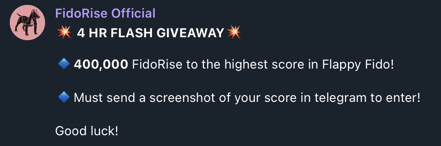 Fido_Rise's tweet photo. 🏆400,000 #FidoRise up for grabs to the highest score in Flappy Fido!🏆
Details below👇 #BNB #GameFi #Giveaways #cryptocurrency https://t.co/XnGRrQMxQ8