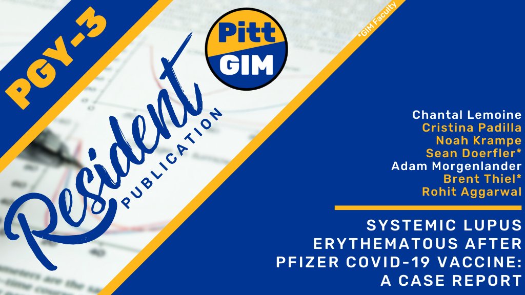 Pitt General Internal Medicine (@pittgim) on Twitter photo <a href="/ChantaLemoine/">Chantal Lemoine, MD</a>, Adam Morgenlander, Sean Doerfler, & @pittIMdoc, w/ <a href="/KrampeNoah/">Noah Krampe</a>, <a href="/PittRheum/">PittRheum</a>'s Cristina Padilla & <a href="/docrota/">Rohit Aggarwal</a>, present a patient w/ symptoms suggestive of polymyalgia rheumatica within 7 days of receiving the Pfizer-BioNTech #covid19 vaccine.
ow.ly/lkP450Ioa0C <a href="/ChantaLemoine/">Chantal Lemoine, MD</a>, Adam Morgenlander, Sean Doerfler, & @pittIMdoc, w/ <a href="/KrampeNoah/">Noah Krampe</a>, <a href="/PittRheum/">PittRheum</a>'s Cristina Padilla & <a href="/docrota/">Rohit Aggarwal</a>, present a patient w/ symptoms suggestive of polymyalgia rheumatica within 7 days of receiving the Pfizer-BioNTech #covid19 vaccine.
ow.ly/lkP450Ioa0C