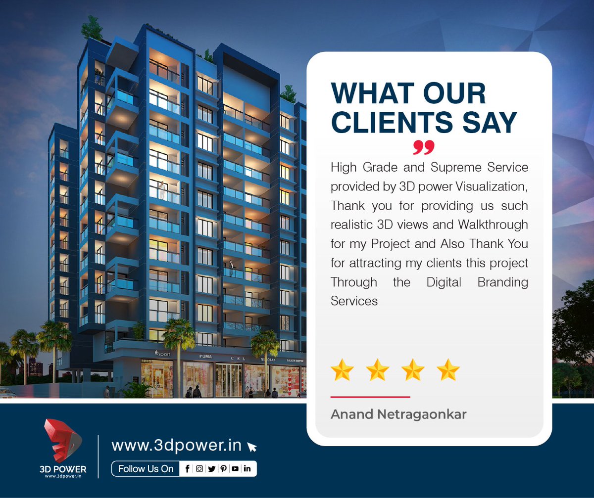 3DPower's tweet photo. We are glad to get appreciation from our clients.
Thank you for your valuable review.
#3DPower #ClientReview #3DArchitecturalRendering #3DWalkthroughAnimation #WalkthroughExpert https://t.co/tlgDxM3MYS