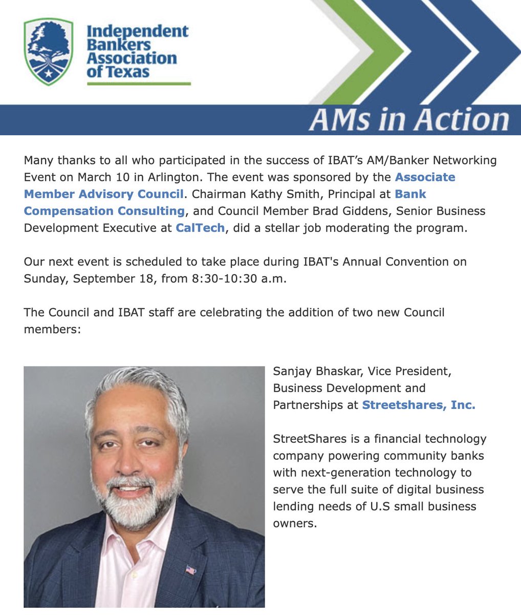 It is always great to connect with Texas community bankers. Thank you Independent Bankers Association of Texas (<a href="/myibat/">Independent Bankers Association of Texas</a>) Education and Events for hosting and we are proud to have Sanjay Bhaskar <a href="/s_bhaskar1/">Sanjay Bhaskar</a> join the council as one of the newest members!